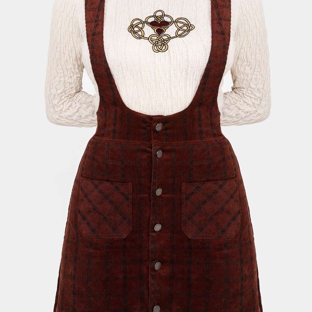 New Disturbia Terracotta Check Cord Mini Pinafore Skirt, Size 8 - New With Tags - Picture 5 of 6